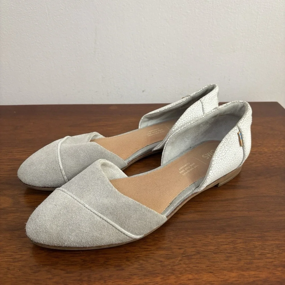 TOMS Women's‎ Jutty D'Orsay Flats Drizzle Gray Suede Point Toe Crackle Leather 6